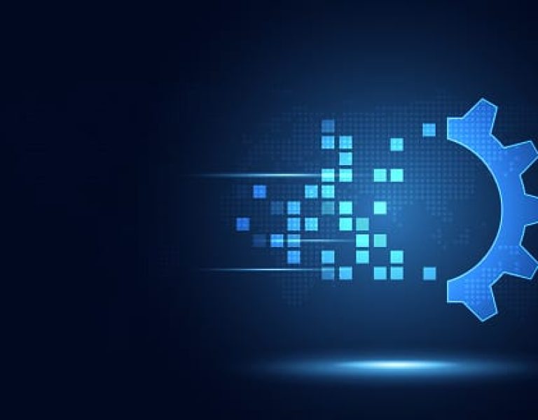 Futuristic blue gear digital transformation abstract technology background. Artificial intelligence and big data concept. Business growth computer and investment industry 4.0 . Vector illustration